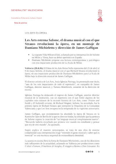 Les Arts estrena Salome de Strauss en un montaje de Damiano Michieletto y dirección de James Gaffigan