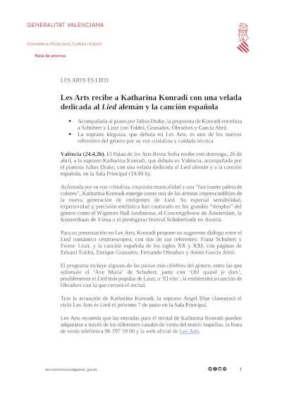 Les Arts recibe a Katharina Konradi con una velada dedicada al Lied alemán y la canción española