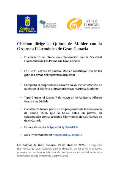El maestro Karel Mark Chichon dirige la Quinta de Mahler con la Orquesta Filarmónica de Gran Canaria