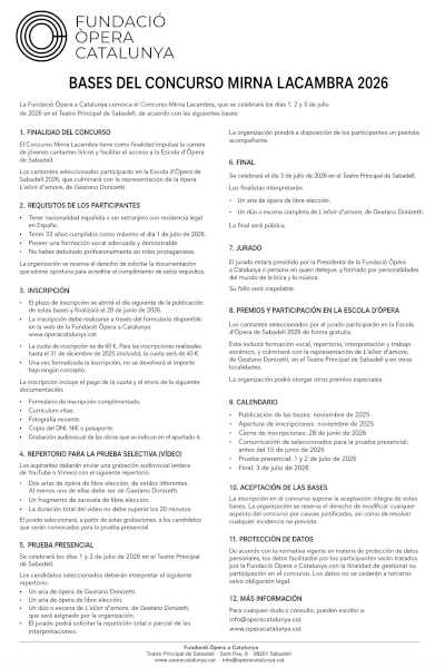Convocado el Concurso Mirna Lacambra 2026 de Òpera Catalunya