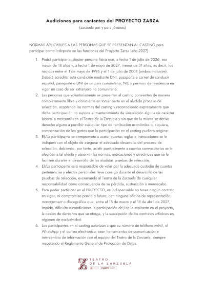 Audiciones para cantantes del Proyecto Zarza del Teatro de la Zarzuela
