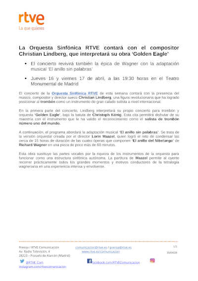 Christian Lindberg, protagonista de un programa dedicado a Wagner con la Orquesta y Coro RTVE