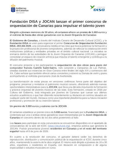 Fundación DISA y JOCAN lanzan el primer concurso de orquestación de Canarias para impulsar el talento joven Fundación DISA y JOCAN lanzan el primer concurso de orquestación de Canarias para impulsar el talento joven