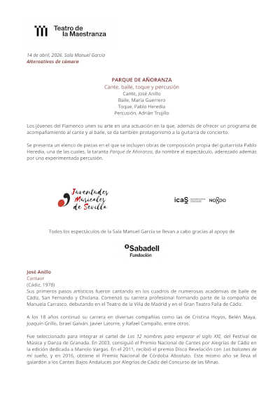 Parque de Añoranza: jóvenes miradas del flamenco en la Sala Manuel García del Teatro del Maestranza