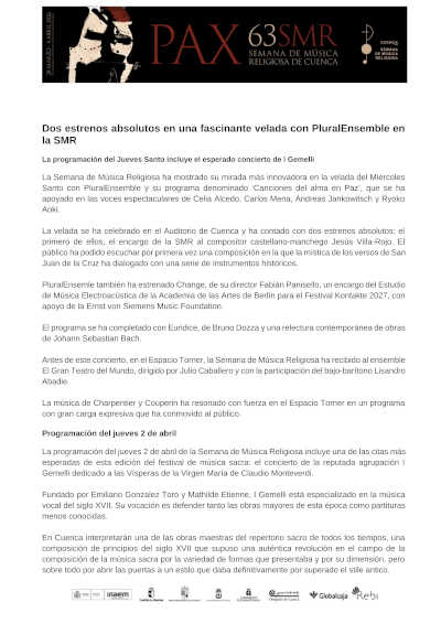 Dos estrenos absolutos en una fascinante velada con PluralEnsemble en la Semana de la Música Religiosa