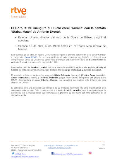 El Coro RTVE abre el ciclo Auralia con el Stabat Mater de Dvořák en el Teatro Monumental