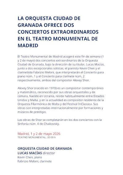 La Orquesta Ciudad de Granada ofrece dos conciertos extraordinarios en el Teatro Monumental de Madrid