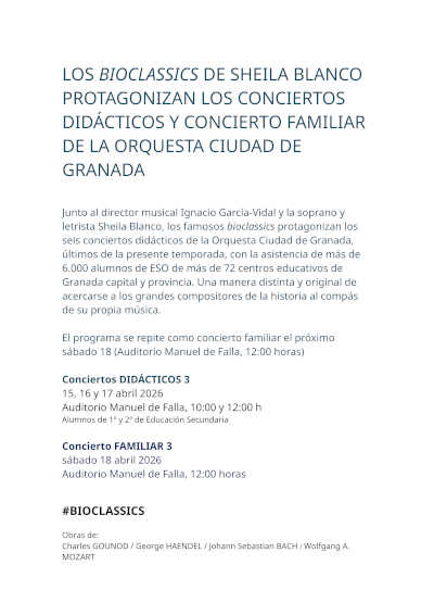 Los “Bioclassics” de Sheila Blanco cierran la temporada didáctica de la Orquesta Ciudad de Granada