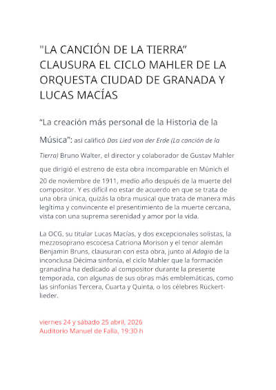 «La canción de la Tierra» clausura el Ciclo Mahler de la Orquesta Ciudad de Granada