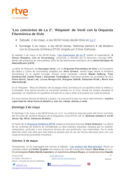 «Los conciertos de La 2»: «Réquiem» de Verdi con la Orquesta Filarmónica de Oslo