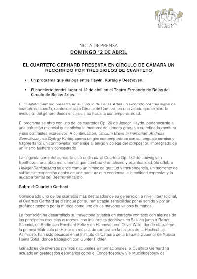 El Cuarteto Gerhard presenta en Círculo de Cámara un recorrido por tres siglos de cuarteto El Cuarteto Gerhard presenta en Círculo de Cámara un recorrido por tres siglos de cuarteto