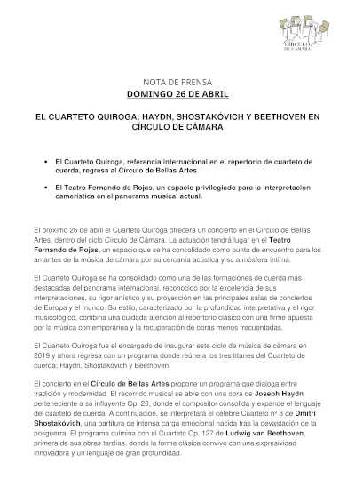 El Cuarteto Quiroga: Haydn, Shostakóvich y Beethoven en Círculo de Cámara