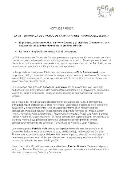 La VIII temporada de Círculo de Cámara apuesta por la excelencia