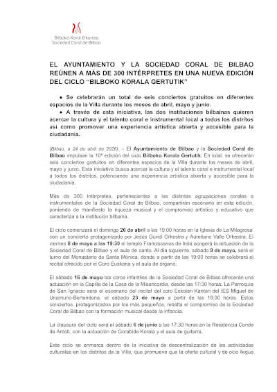 Bilbao reúne a más de 300 intérpretes en la 10ª edición de “Bilboko Korala Gertutik”