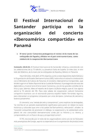 El Festival Internacional de Santander impulsa en Panamá el concierto «Iberoamérica compartida»