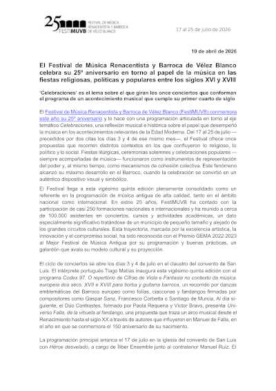 El Festival de Vélez Blanco celebra su 25º aniversario con un programa centrado en las “Celebraciones”