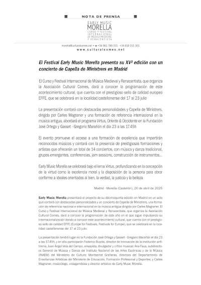 El Festival Early Music Morella presenta su XVª edición con un concierto de Capella de Ministrers en Madrid