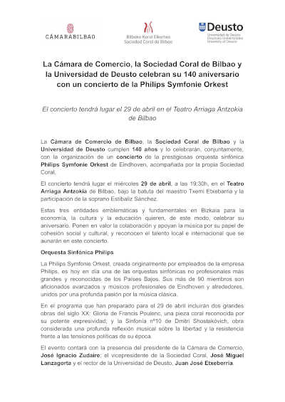La Cámara de Comercio, la Sociedad Coral de Bilbao y la Universidad de Deusto celebran su 140 aniversario
