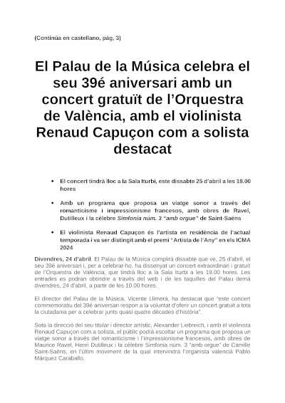 El Palau de la Música celebra su 39 aniversario con la Orquesta de València y Renaud Capuçon