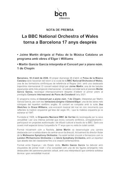 La BBC National Orchestra of Wales regresa a Barcelona 17 años después La BBC National Orchestra of Wales regresa a Barcelona 17 años después