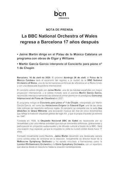 La BBC National Orchestra of Wales regresa a Barcelona 17 años después La BBC National Orchestra of Wales regresa a Barcelona 17 años después
