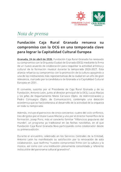 Fundación Caja Rural Granada refuerza su apoyo a la Orquesta Ciudad de Granada