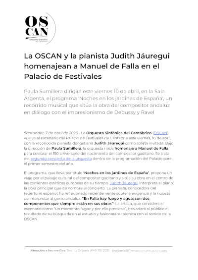 La OSCAN y la pianista Judith Jáuregui homenajean a Manuel de Falla en el Palacio de Festivales