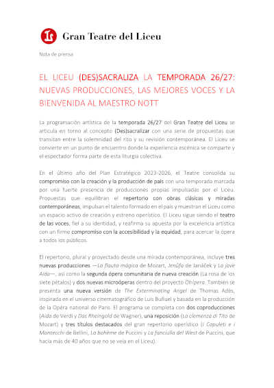 El Liceu presenta su temporada 2026/2027 con nuevas producciones, grandes voces y una etapa renovada