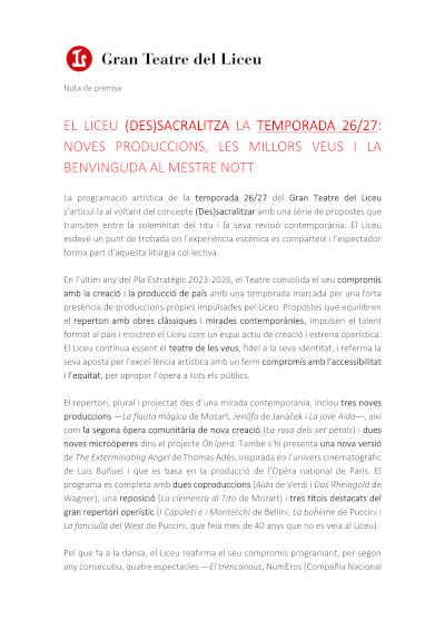 El Liceu presenta su temporada 2026/2027 con nuevas producciones, grandes voces y una etapa renovada