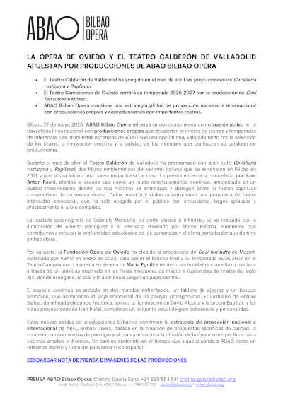 La Ópera de Oviedo y el Teatro Calderón de Valladolid apuestan por producciones de ABAO Bilbao Opera