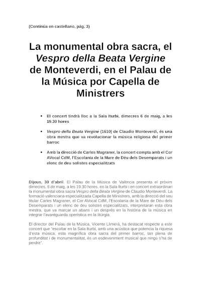 La monumental obra sacra, el Vespro della Beata Vergine de Monteverdi, en el Palau de la Música por Capella de Ministrers