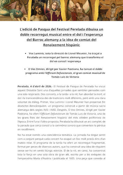 Festival Peralada programa Vox Luminis y Victoria en una jornada de música sacra