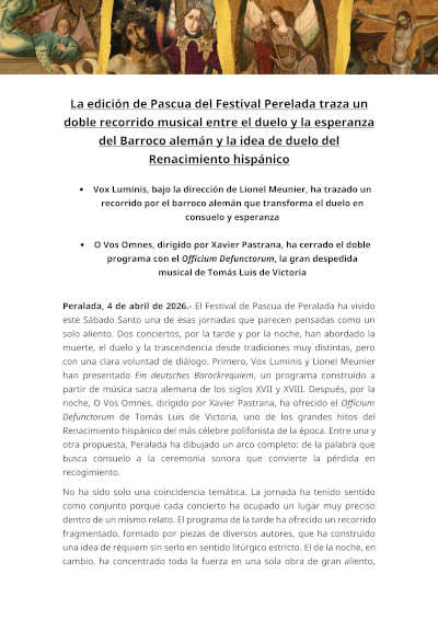 Festival Peralada programa Vox Luminis y Victoria en una jornada de música sacra