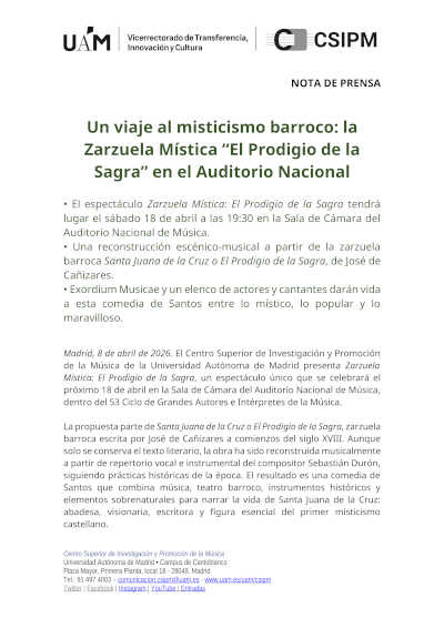 Un viaje al misticismo barroco: la Zarzuela Mística “El Prodigio de la Sagra” en el Auditorio Nacional