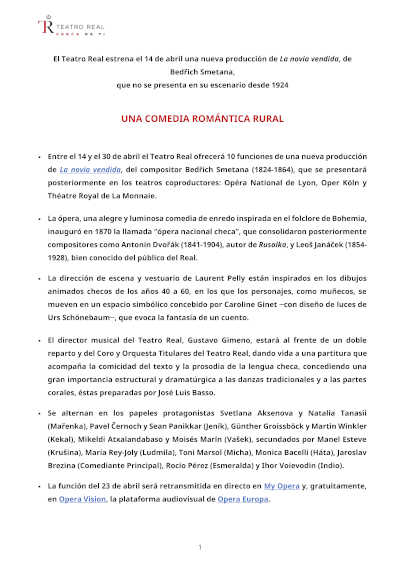 El Teatro Real estrena La novia vendida de Smetana, ausente de su escenario desde 1924 El Teatro Real estrena La novia vendida de Smetana, ausente de su escenario desde 1924