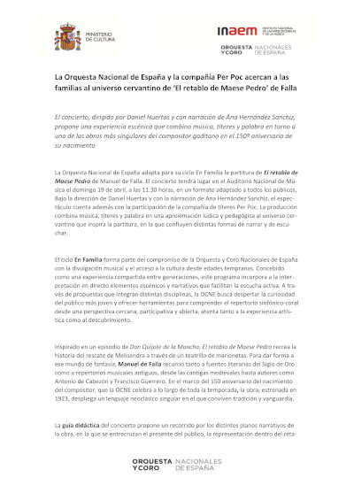 La Orquesta Nacional de España y Per Poc acercan el universo cervantino de «El retablo de Maese Pedro»