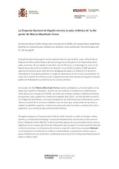 La Orquesta Nacional de España estrena la suite sinfónica de «La Regenta» de Marisa Manchado Torres La Orquesta Nacional de España estrena la suite sinfónica de «La Regenta» de Marisa Manchado Torres