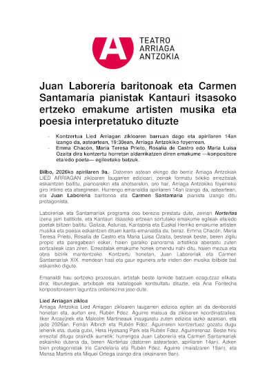 Juan Laborería y Carmen Santamaría en Lied Arriagan en el Teatro Arriaga de Bilbao