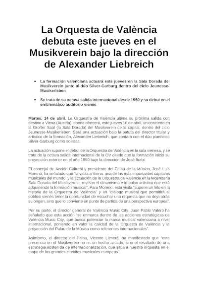 La Orquesta de València debuta en el Musikverein bajo la dirección de Alexander Liebreich La Orquesta de València debuta en el Musikverein bajo la dirección de Alexander Liebreich