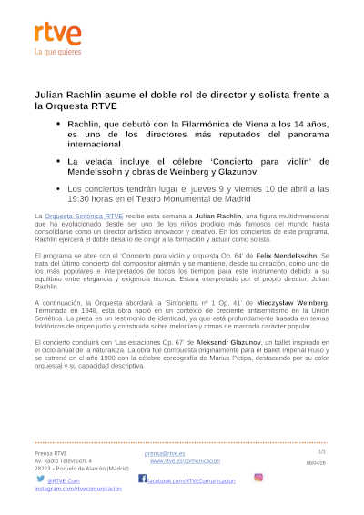 Julian Rachlin asume el doble rol de director y solista frente a la Orquesta RTVE Julian Rachlin asume el doble rol de director y solista frente a la Orquesta RTVE