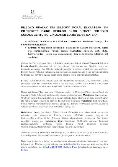 Bilbao reúne a más de 300 intérpretes en la 10ª edición de “Bilboko Korala Gertutik”