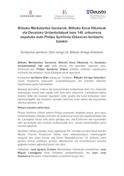 La Cámara de Comercio, la Sociedad Coral de Bilbao y la Universidad de Deusto celebran su 140 aniversario