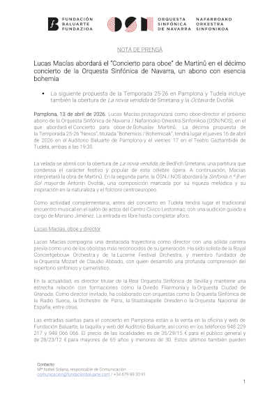 Lucas Macías abordará el “Concierto para oboe” de Martinů en el décimo concierto de la Orquesta Sinfónica de Navarra