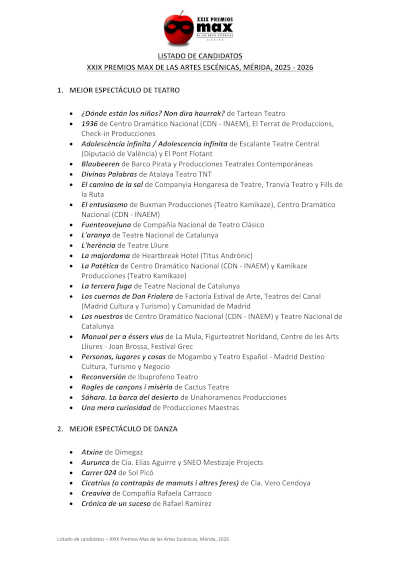 Fundación SGAE anuncia finalistas de los 29º Premios Max de las Artes Escénicas – Mérida