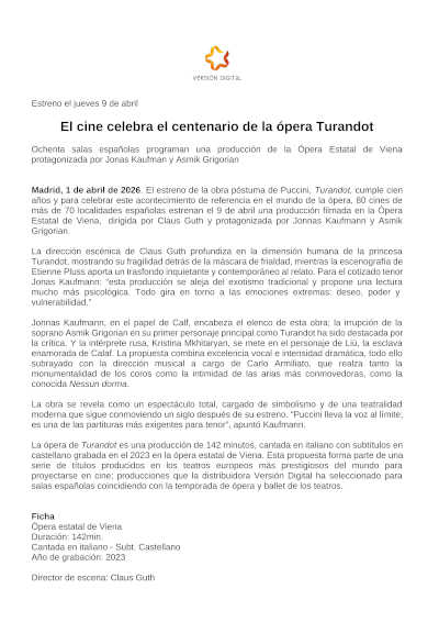Turandot en producción de la Ópera Estatal de Viena con Jonas Kaufmann y Asmik Grigorian llega a los cines