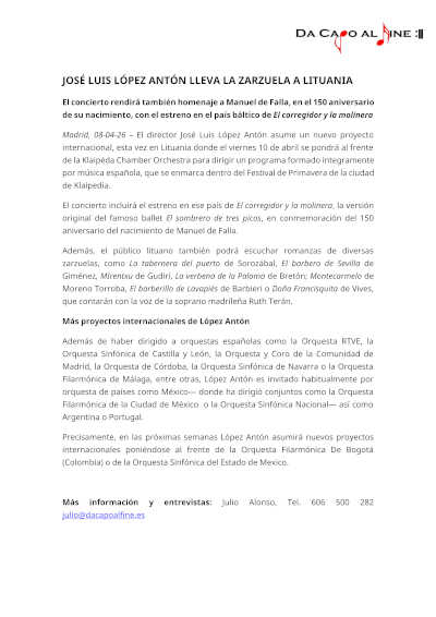 Jose Luis Lopez-Antón lleva la zarzuela a Lituania rindiendo homenaje a Manuel de Falla