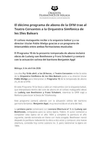 El décimo programa de abono de la OFM trae al Teatro Cervantes a la Orquestra Simfònica de les Illes Balears