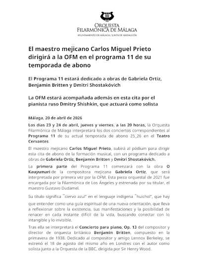 El maestro mejicano Carlos Miguel Prieto dirigirá a la OFM en el programa 11 de su temporada de abono