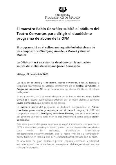 El maestro Pablo González subirá al pódium del Teatro Cervantes para dirigir el duodécimo programa de abono de la OFM