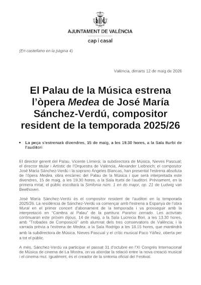 Medea, la ópera de José María Sánchez-Verdú, en el Palau de la Música de València Medea, la ópera de José María Sánchez-Verdú, en el Palau de la Música de València